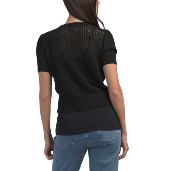 MUSE Black Crew Neck Mesh Pointelle Sweater Top - Picture 2 of 2
